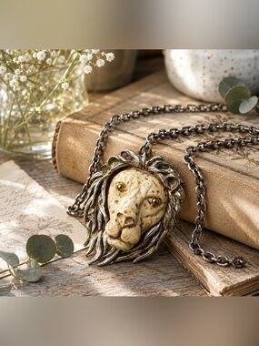 Vtg Luca Razza | Zodiac Leo Lion Carved Resin Head Gold Tone Statement Necklace